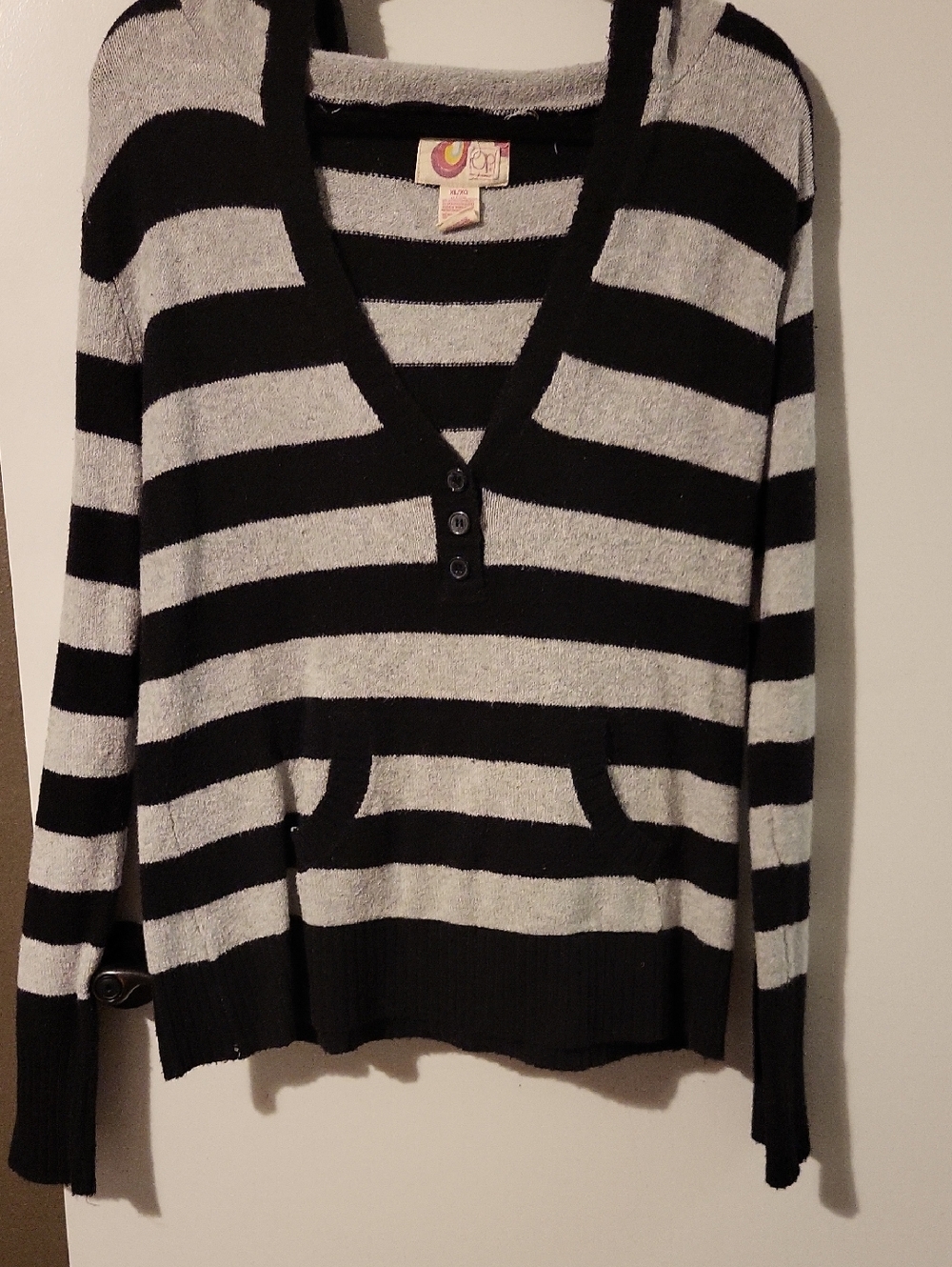 OP Black & Gray Striped V-Neck Hooded Sweater with Pocket